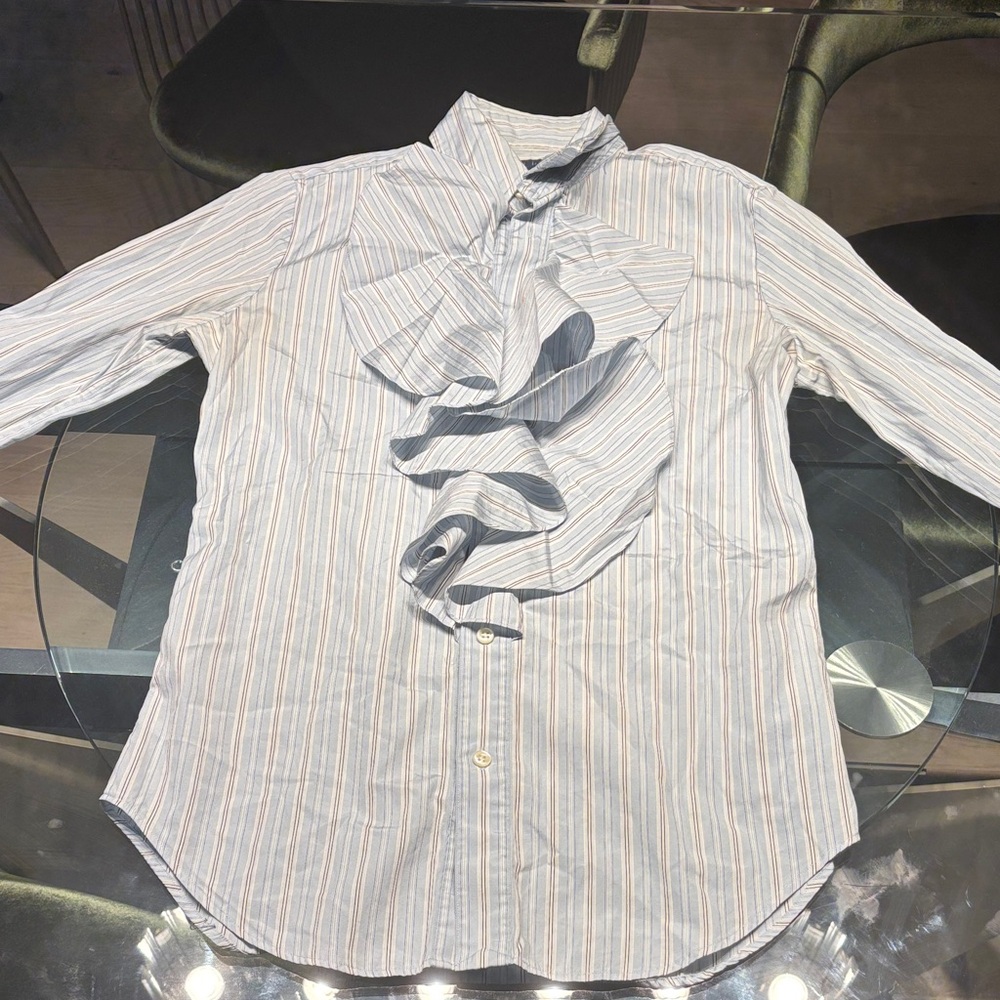 Womens Ralph Lauren Blue Striped Cotton Ruffle Trimmed Button Front Shirt Size 6